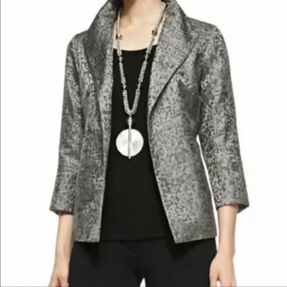 Eileen Fisher Refracted Silk Jacquard Open Front Blazer Jacket Size MP EUC - Picture 1 of 13